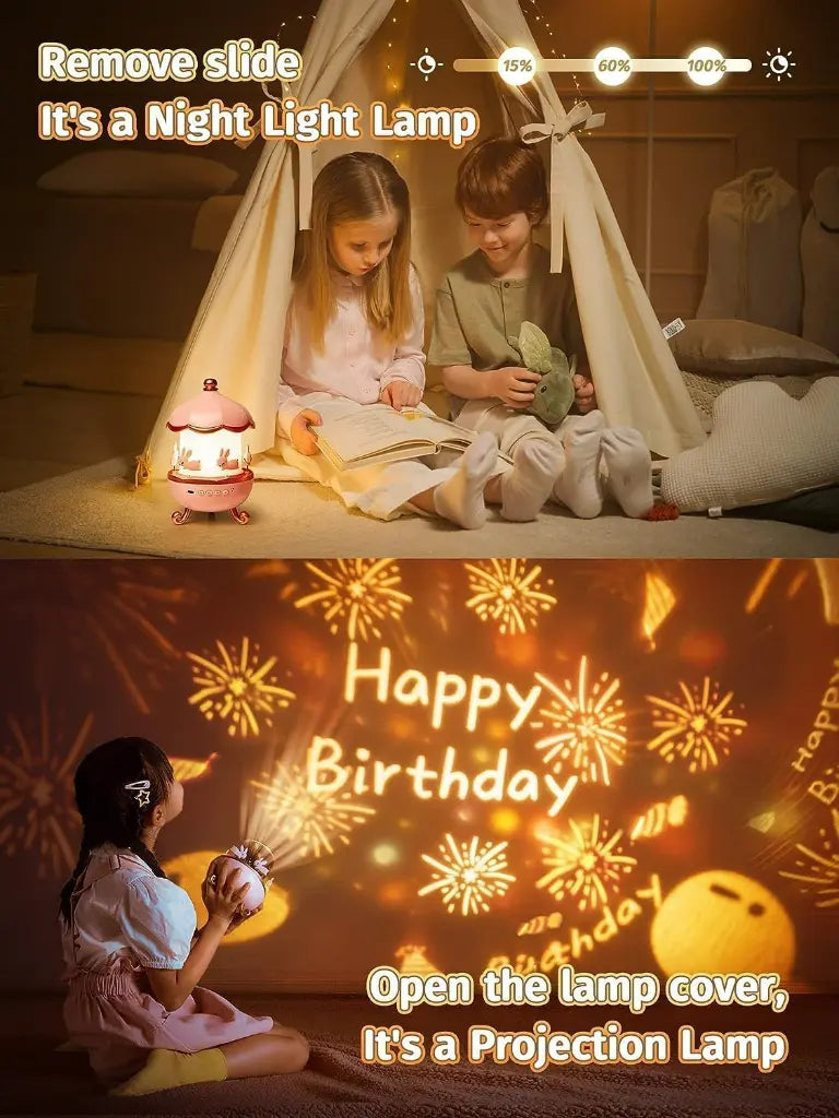 Galaxy Bunny Carousel Star Projector with 6 Films & Rechargeable Battery | Kids Night Light & Room Decor Gift for Boys & Girls