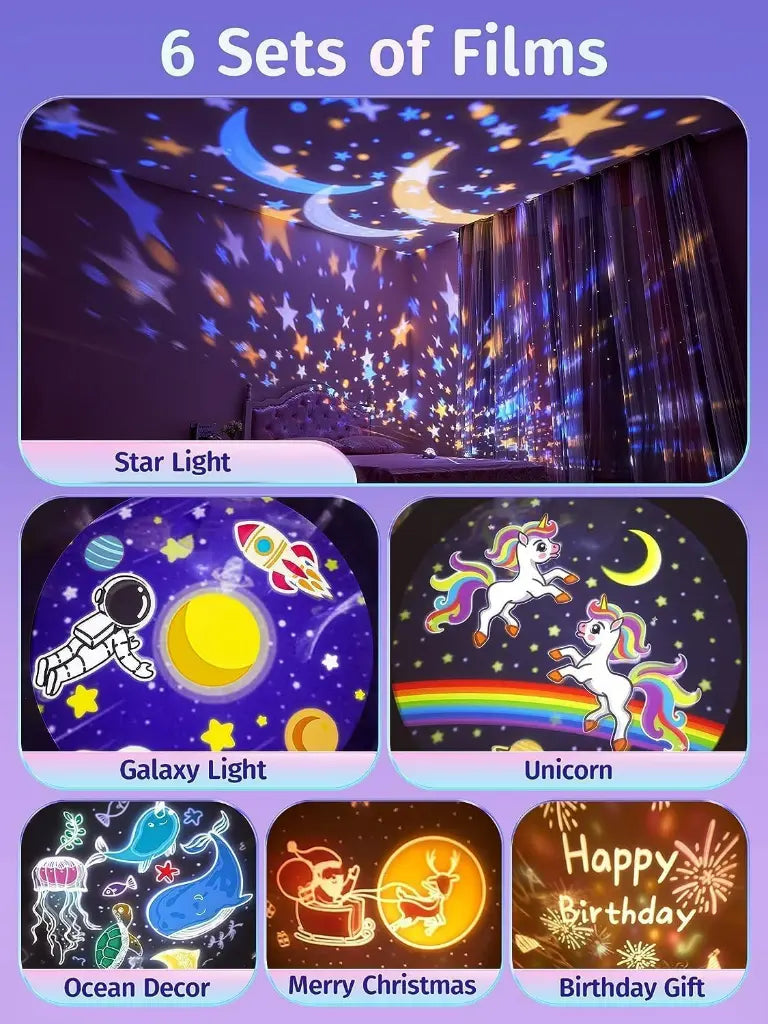Galaxy Bunny Carousel Star Projector with 6 Films & Rechargeable Battery | Kids Night Light & Room Decor Gift for Boys & Girls