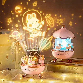 Galaxy Bunny Carousel Star Projector with 6 Films & Rechargeable Battery | Kids Night Light & Room Decor Gift for Boys & Girls