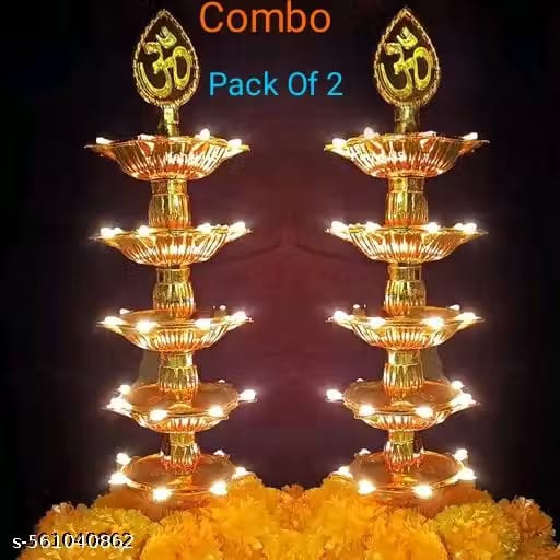 Stylish 5 Layer Electric Om Diya Stand and Trending Gold Light Diya Deepak for Pooja