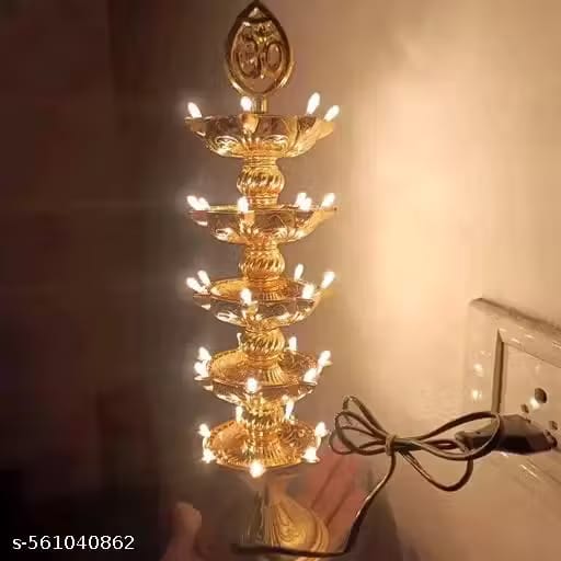 Stylish 5 Layer Electric Om Diya Stand and Trending Gold Light Diya Deepak for Pooja