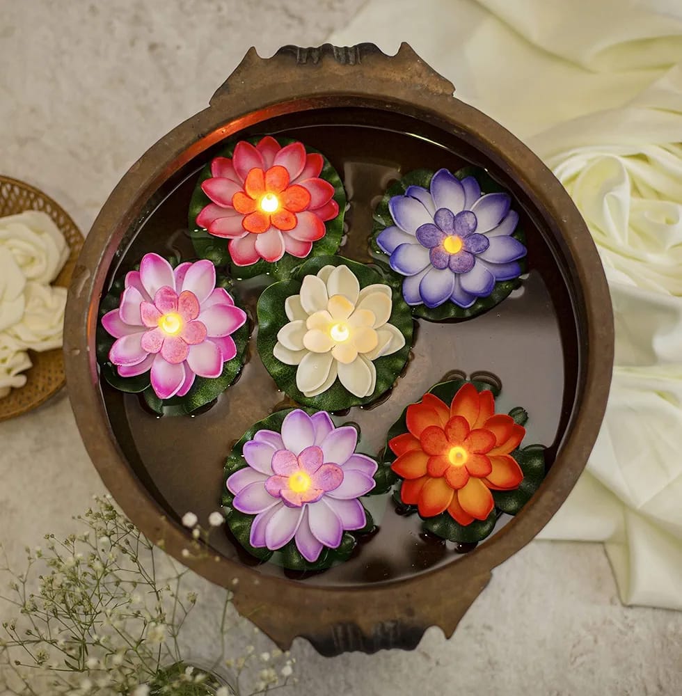 Multi Color Floating Lotus Flower Shape Floating LED Candles (Pack of 6)