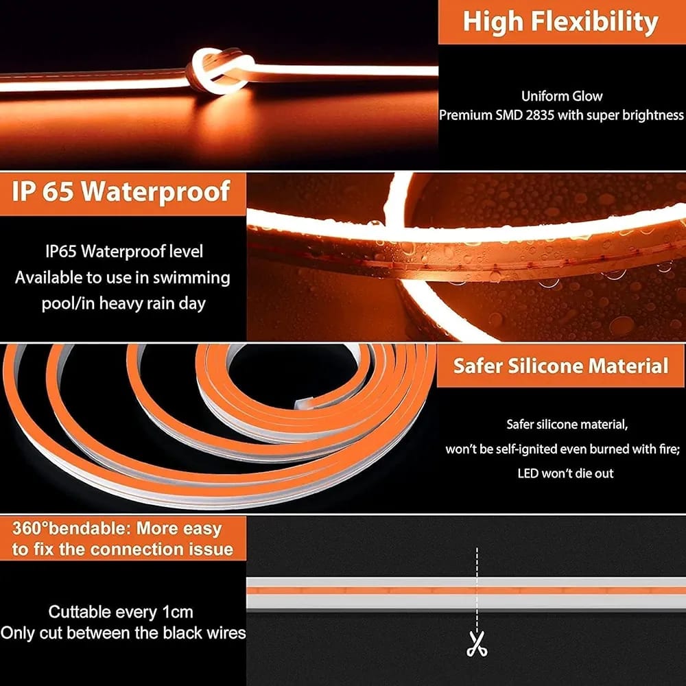 16.4 Feet,5 metre Neon LED Strip Light with 12V Adapter | Cuttable Flexible Waterproof Rope Light for Wall Decor