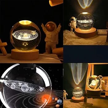 3D Galaxy Crystal Ball Night Light | Dimmable Engraved LED Glass Ball Table Lamp with USB and Wooden Base SET OF 2