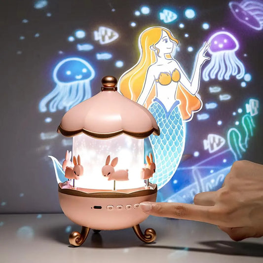 Galaxy Bunny Carousel Star Projector with 6 Films & Rechargeable Battery | Kids Night Light & Room Decor Gift for Boys & Girls