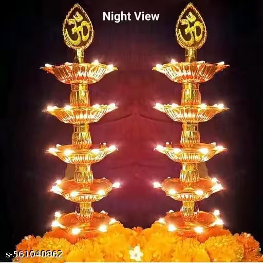 Stylish 5 Layer Electric Om Diya Stand and Trending Gold Light Diya Deepak for Pooja