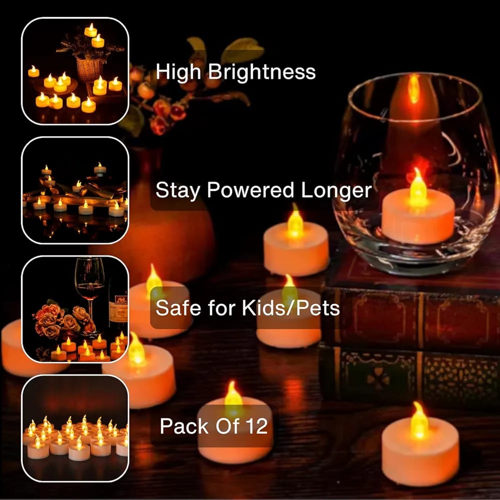 Acrylic Dancing Flame LED Tea Light Candle for Home Decoration (Pack of 12)