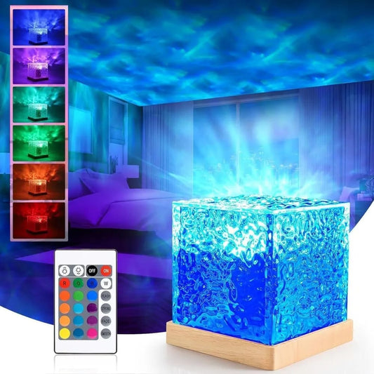 Acrylic Romantic Ocean Wave Night Light Projector Lamp, 3D Water Wave Effect Crystal Table Lamp with Remote Control